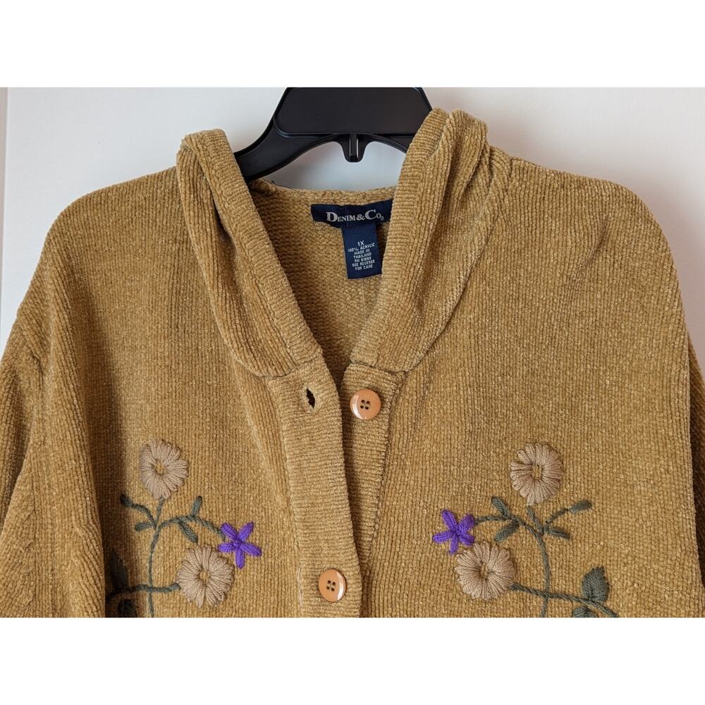 Denim&Co XL Mustard Brown Sweater Cardigan Hooded Embroidered NWT Cottagecore - Picture 3 of 14